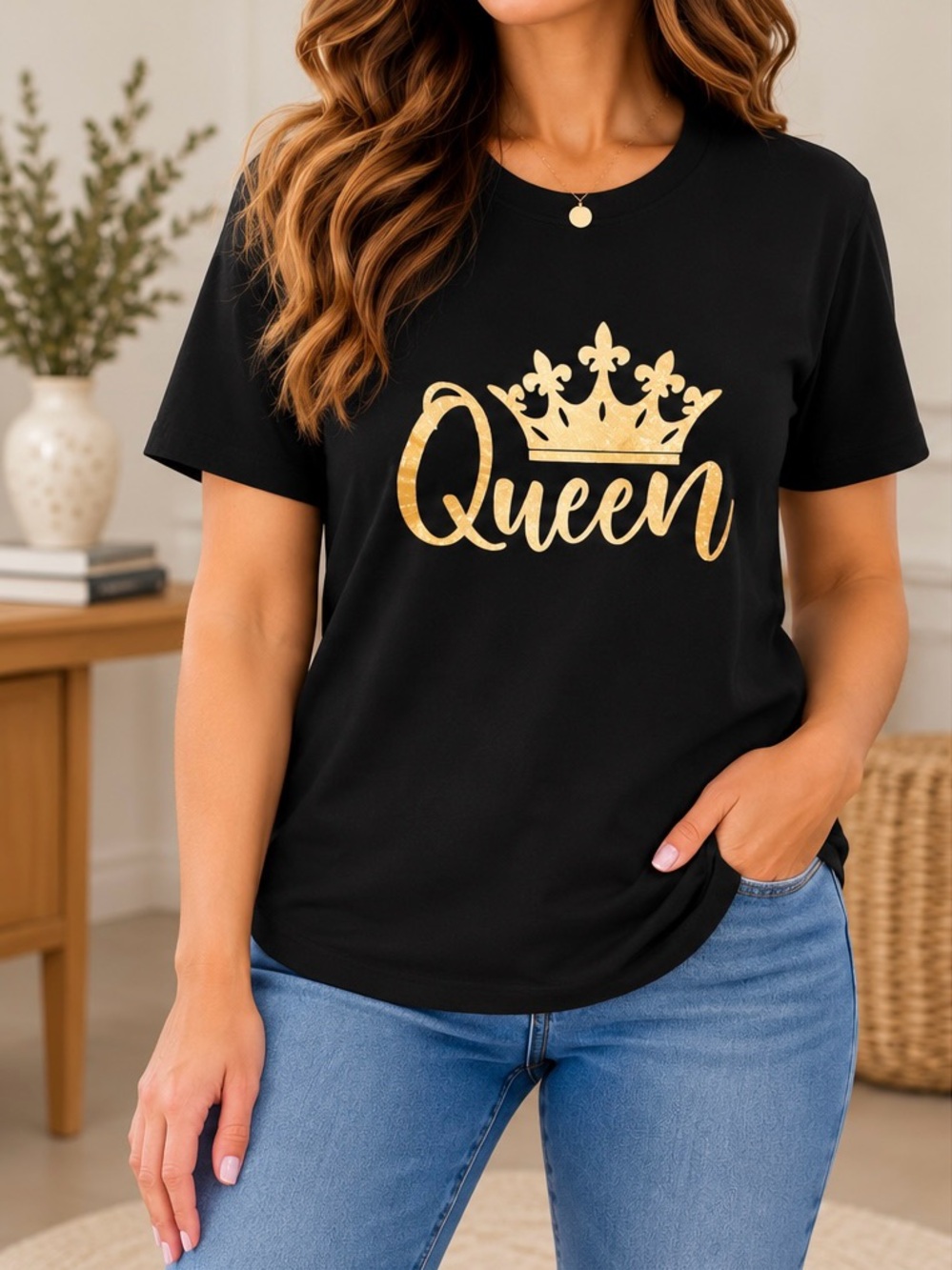 Shein Queen Graphic Short Sleeve Tee in Black & Gold Size S